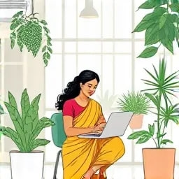 A picture of a woman working on her laptop in an eco-friendly office full of plants.