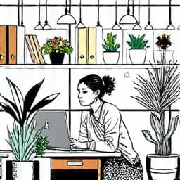 A drawing of a woman working in an eco-friendly office.